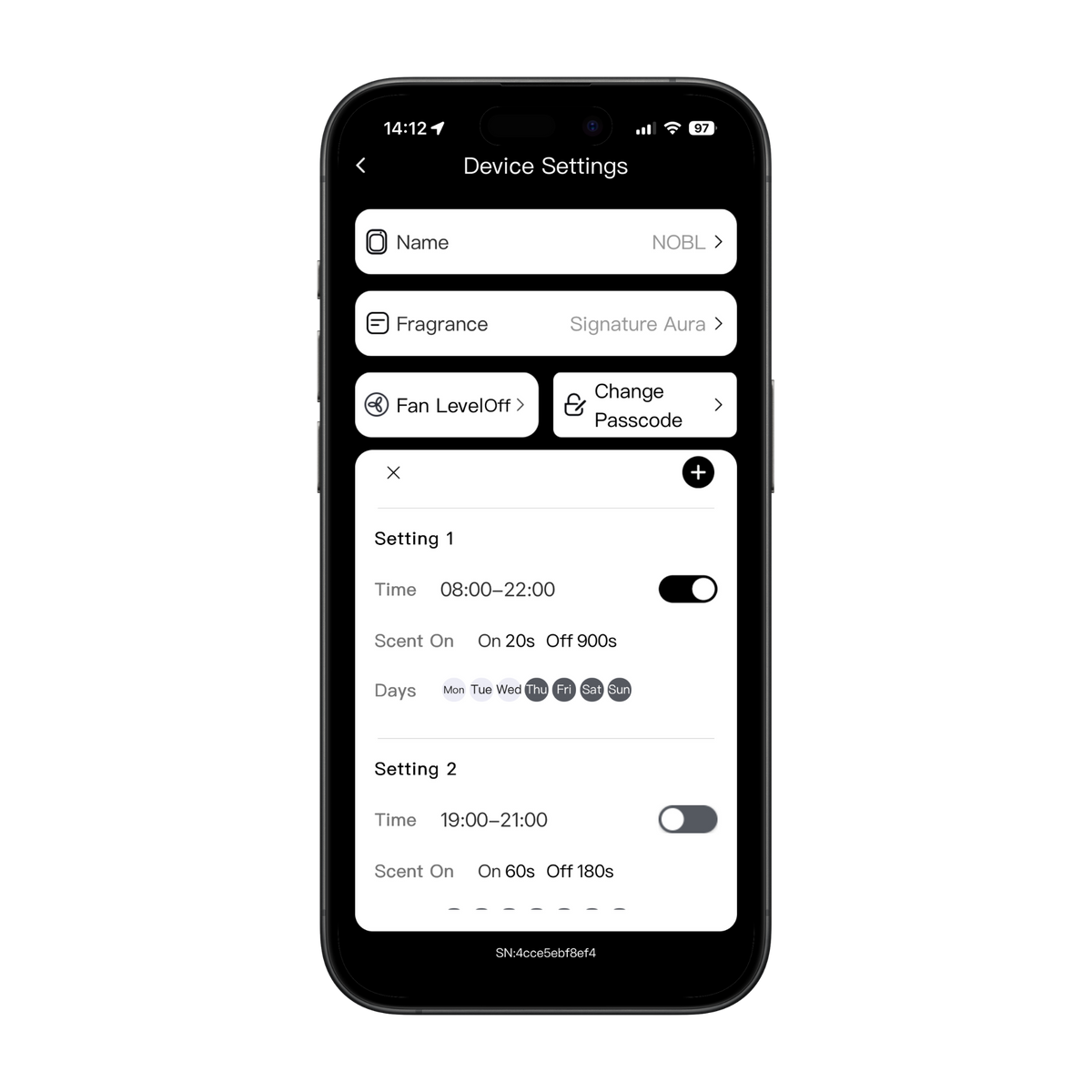 NOBL Parfums app schedule programming screen